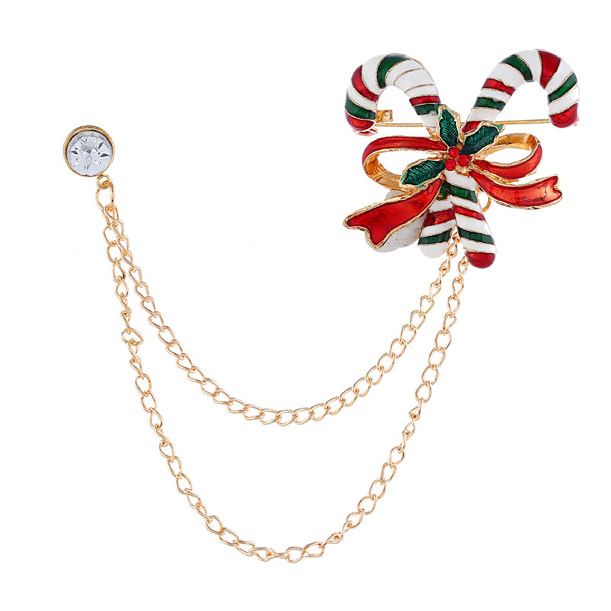 Cubic Zirconia and 18K Gold-Plated Candy Cane Chain Brooch, gold brooch pin, botanical inspired, side view