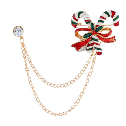 Cubic Zirconia and 18K Gold-Plated Candy Cane Chain Brooch, gold brooch pin, botanical inspired, side view