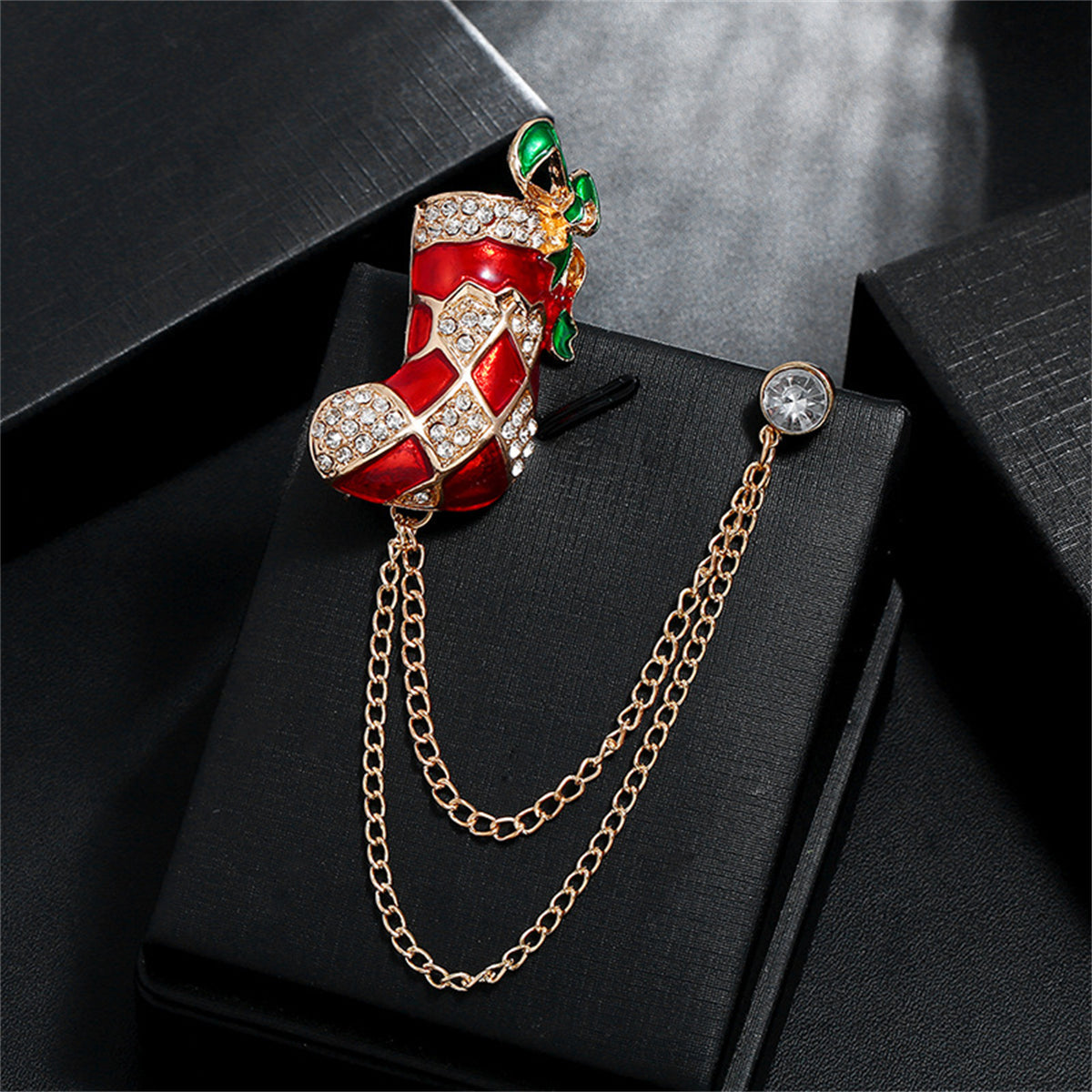 Red Enamel & 18K Gold-Plated Cubic Zirconia-Accent Stocking Chain Brooch