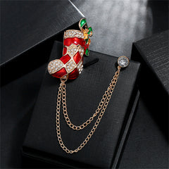 Red Enamel & 18K Gold-Plated Cubic Zirconia-Accent Stocking Chain Brooch