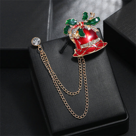 Red Enamel and 18K Gold-Plated Cubic Zirconia-Accent Chain Bell Brooch, gold brooch pin, elegant gift for her, front view