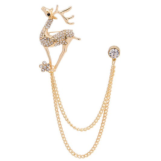 Cubic Zirconia and 18K Gold-Plated Reindeer Chain Brooch, gold brooch pin, elegant gift for her, front view