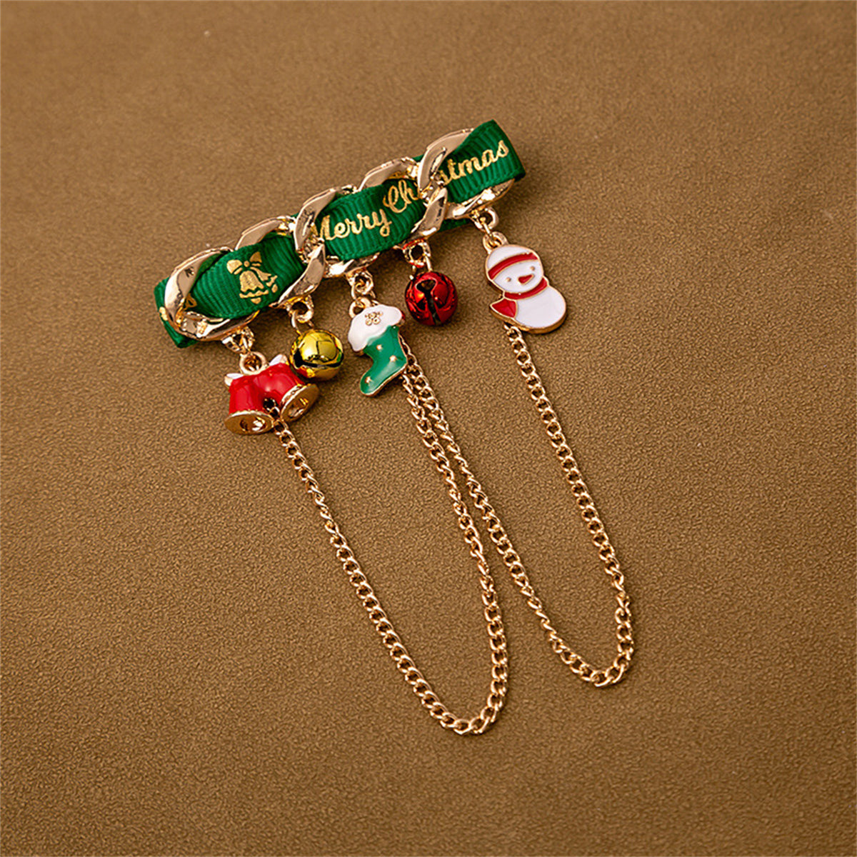 Green Enamel and 18K Gold-Plated Bell Stocking Snowman Charm Brooch, gold brooch pin, elegant gift for her, front view