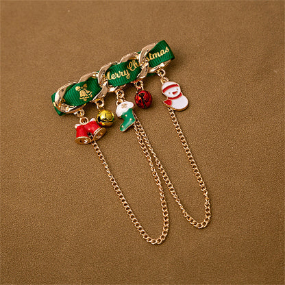 Green Enamel and 18K Gold-Plated Bell Stocking Snowman Charm Brooch, gold brooch pin, elegant gift for her, front view