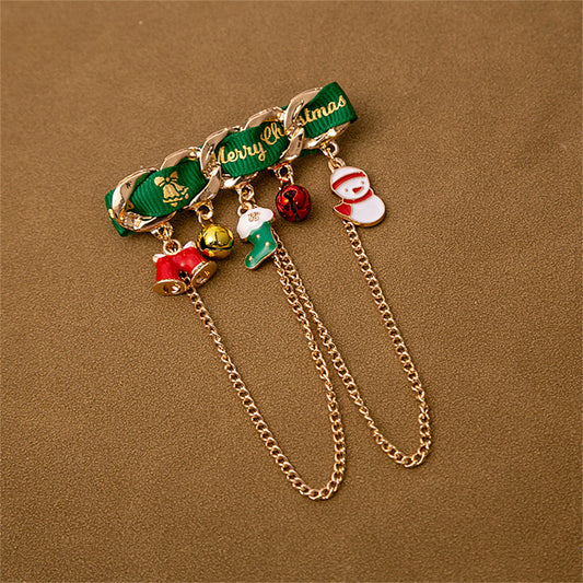 Green Enamel and 18K Gold-Plated Bell Stocking Snowman Charm Brooch, gold brooch pin, elegant gift for her, front view