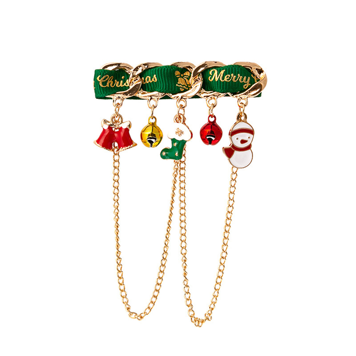 Green Enamel and 18K Gold-Plated Bell Stocking Snowman Charm Brooch, gold brooch pin, elegant gift for her, side view
