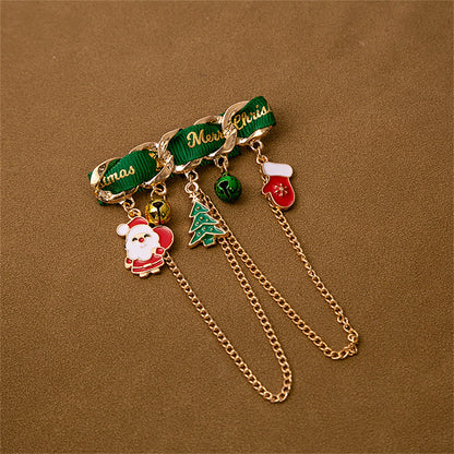 Green Polyster and Enamel 18K Gold-Plated Santa Tree Gloves Tassel Brooch, gold brooch pin, botanical inspired, front view