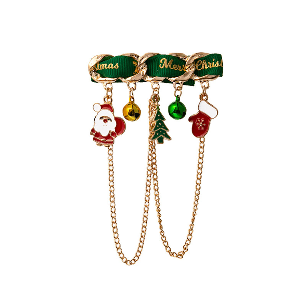 Green Polyster and Enamel 18K Gold-Plated Santa Tree Gloves Tassel Brooch, gold brooch pin, botanical inspired, side view