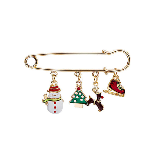 Green Enamel and 18K Gold-Plated Christmas Tree Charms Brooch, gold brooch pin, vintage-inspired design, front view