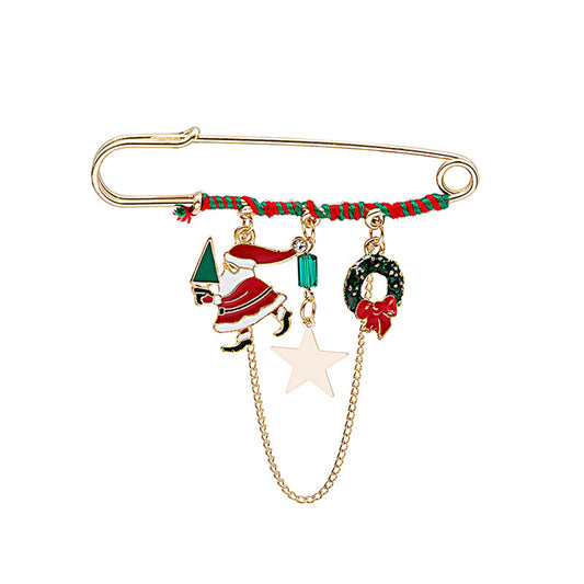 Red Enamel and Acrylic 18K Gold-Plated Santa and Wreath Chain Pin Brooch, gold brooch pin, elegant gift for her, front view