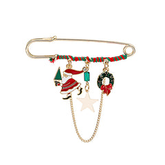 Red Enamel & Acrylic 18K Gold-Plated Santa & Wreath Chain Pin Brooch