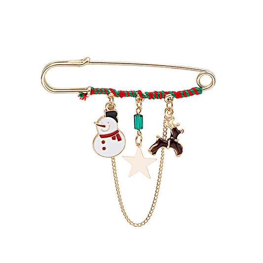 Red Enamel and 18K Gold-Plated Snowman and Reindeer Chain Pin Brooch, gold brooch pin, botanical inspired, front view