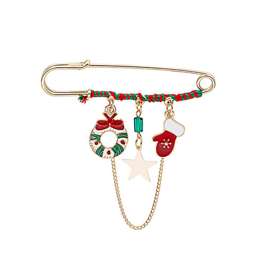 Red Enamel and 18K Gold-Plated Wreath and Mitten Chain Pin Brooch, gold brooch pin, everyday style, front view