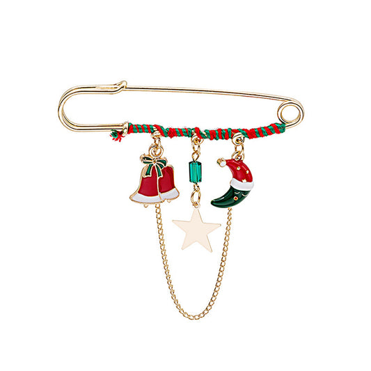 Red Enamel and 18K Gold-Plated Moon and Bell Chain Pin Brooch, gold brooch pin, elegant gift for her, front view