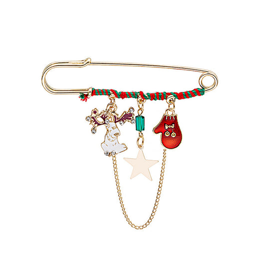 Red Enamel and 18K Gold-Plated Reindeer and Mitten Chain Pin Brooch, gold brooch pin, everyday style, front view