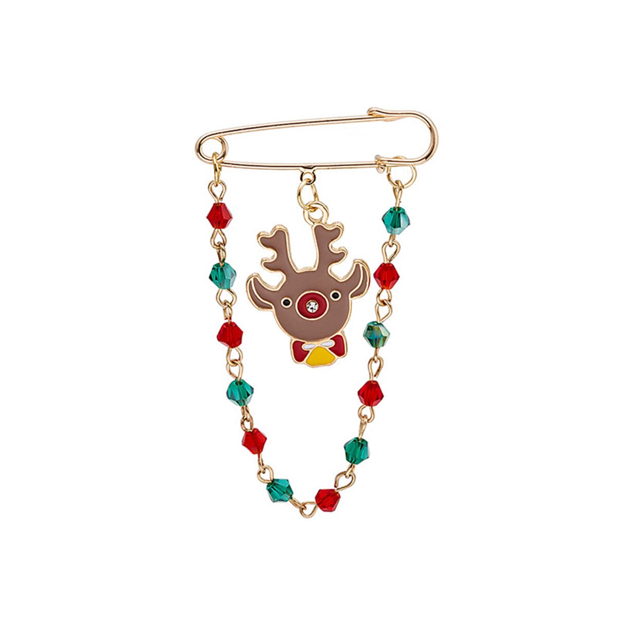 Red and Green Beaded-Chain Reindeer Pin Brooch, brooch pin, vintage-inspired design, front view