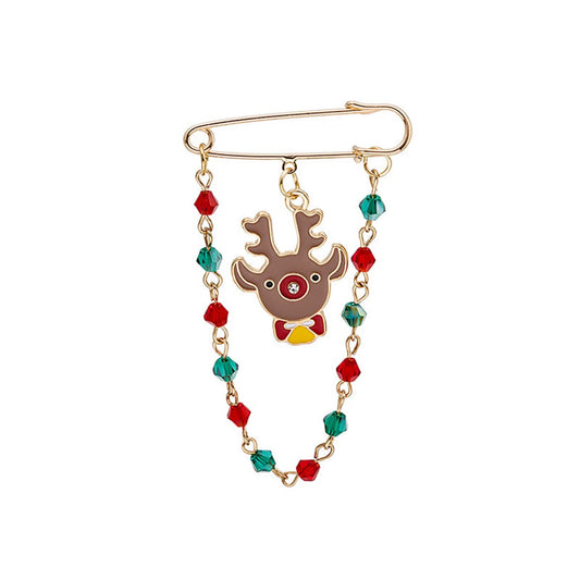 Red and Green Beaded-Chain Reindeer Pin Brooch, brooch pin, vintage-inspired design, front view