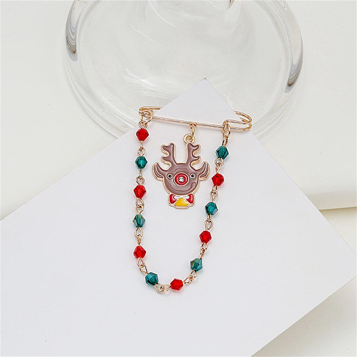 Red and Green Beaded-Chain Reindeer Pin Brooch, brooch pin, vintage-inspired design, side view