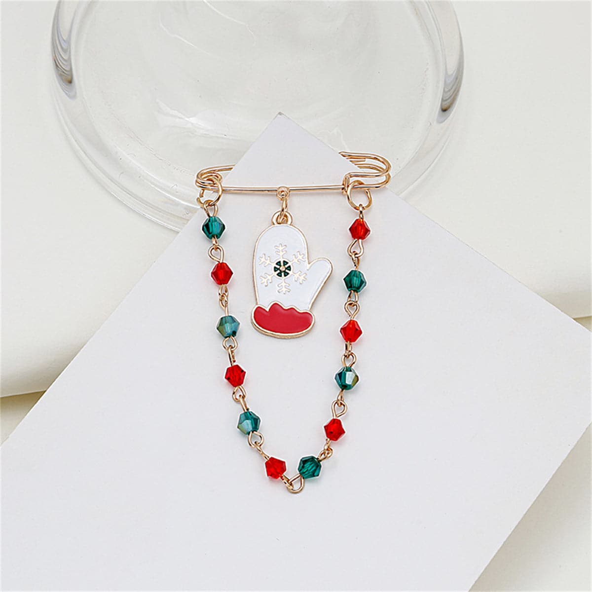 Red and Green Beaded-Chain Glove Pin Brooch, brooch pin, botanical inspired, front view