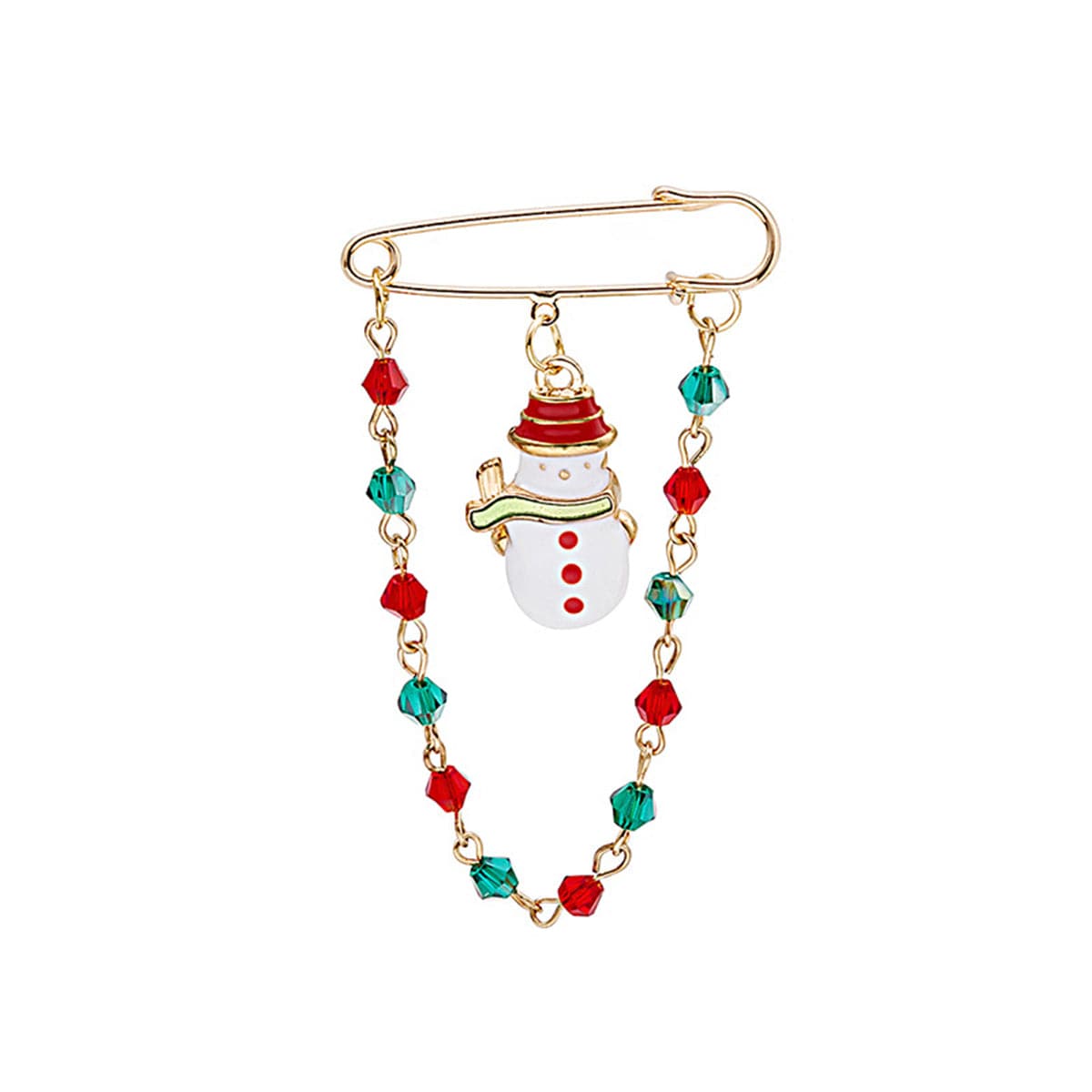 Red and Green Beaded-Chain Snowman Pin Brooch, brooch pin, dainty minimalist design, front view