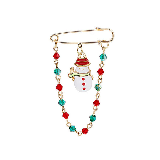 Red and Green Beaded-Chain Snowman Pin Brooch, brooch pin, dainty minimalist design, front view