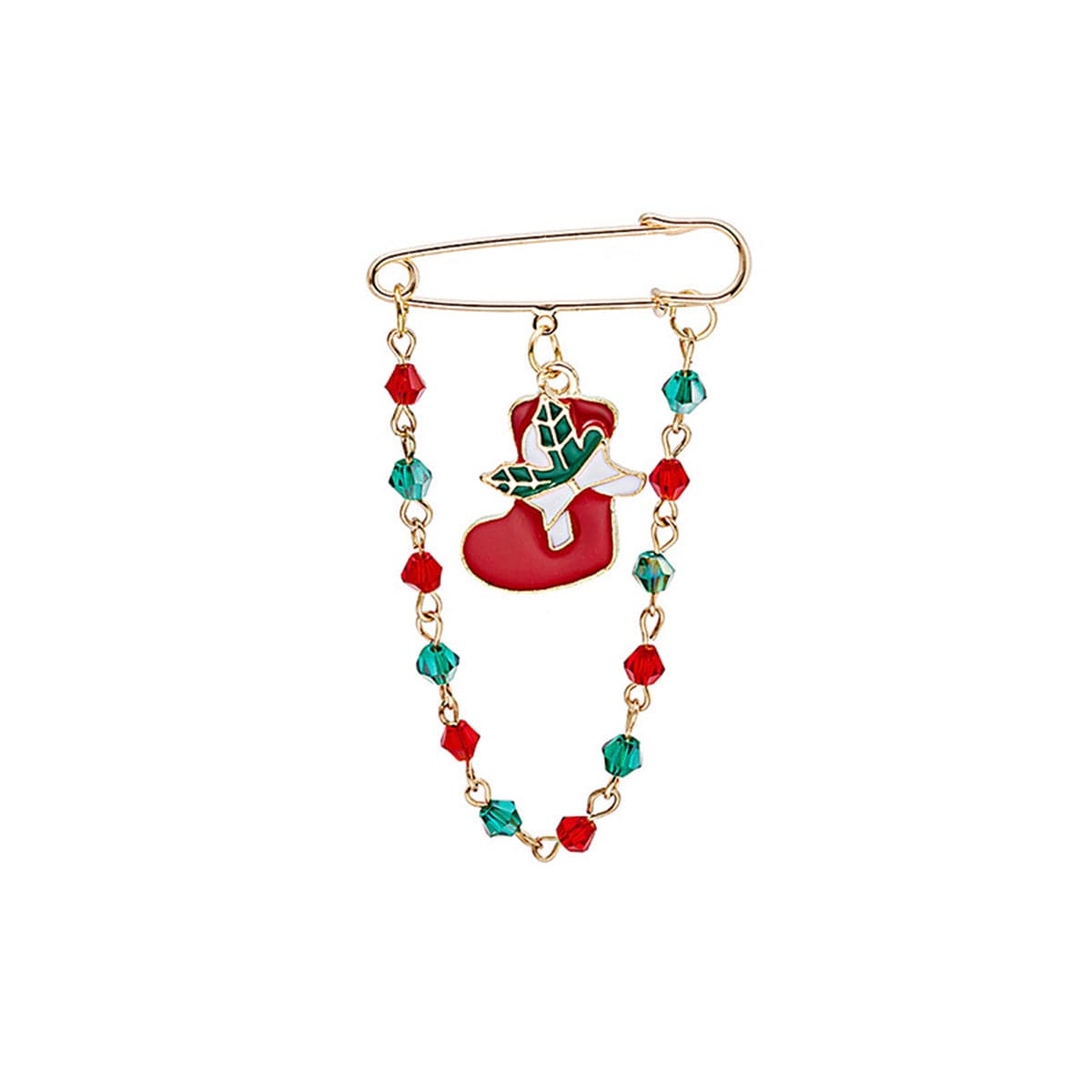 Red and Green Beaded-Chain Stocking Pin Brooch, brooch pin, elegant gift for her, front view