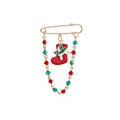 Red & Green Beaded-Chain Stocking Pin Brooch
