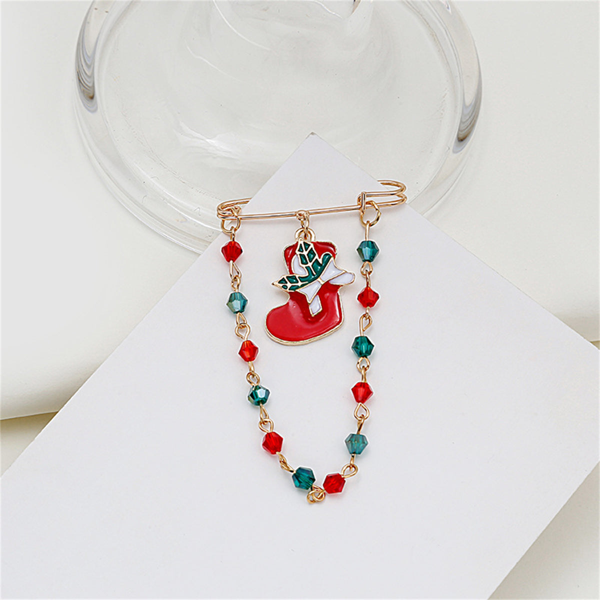 Red & Green Beaded-Chain Stocking Pin Brooch