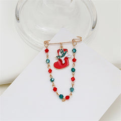 Red & Green Beaded-Chain Stocking Pin Brooch