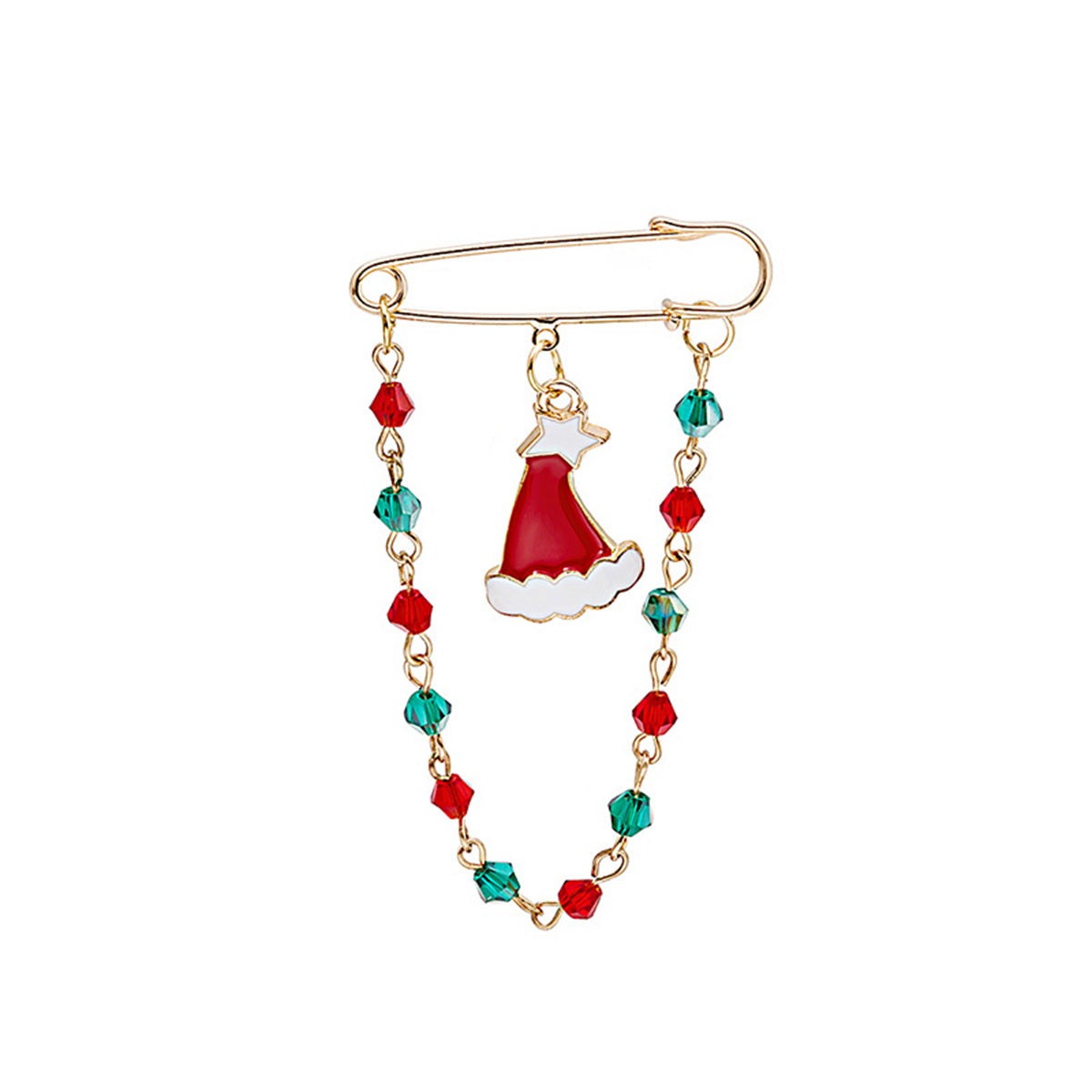 Red and Green Beaded-Chain Christmas Tree Pin Brooch, brooch pin, elegant gift for her, front view