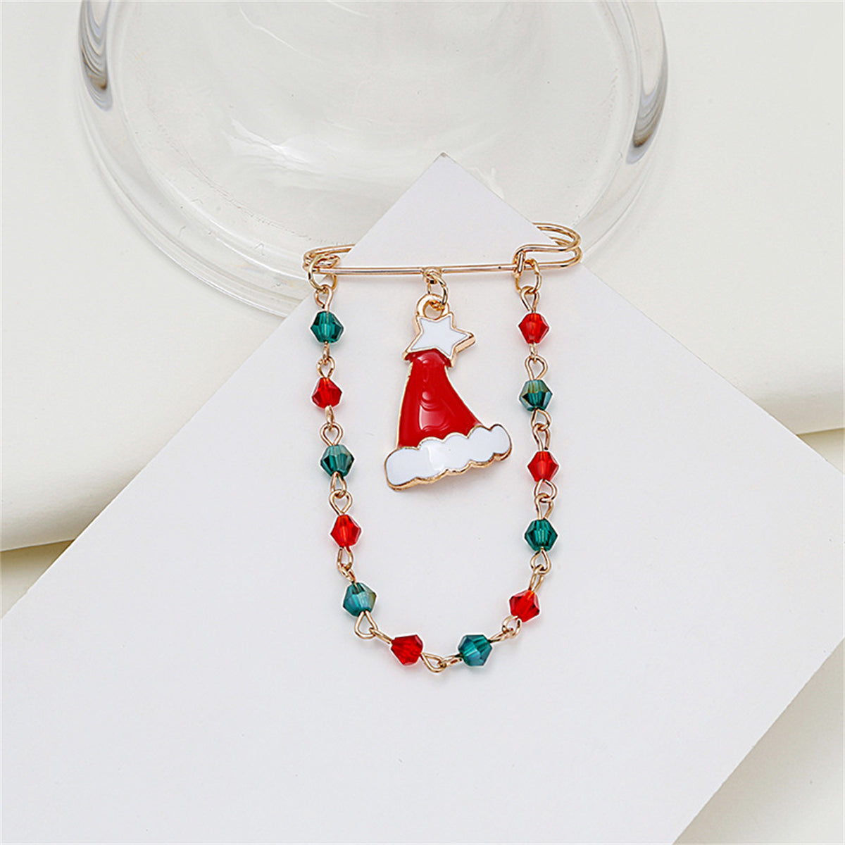 Red & Green Beaded-Chain Christmas Tree Pin Brooch