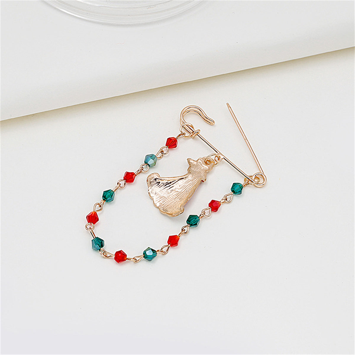 Red & Green Beaded-Chain Christmas Tree Pin Brooch