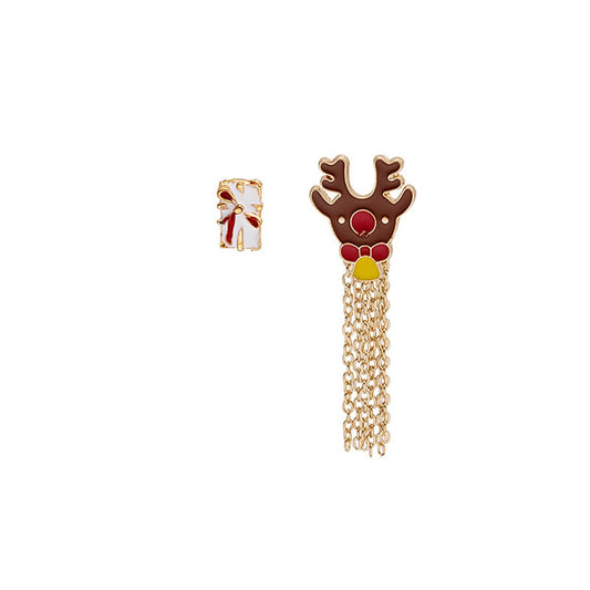 Brown Enamel and 18K Gold-Plated Gift Box Reindeer Tassel Brooch Set, gold brooch pin, elegant gift for her, front view