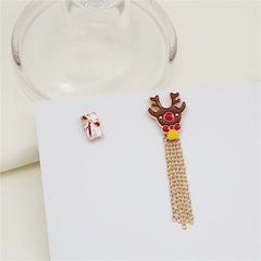 Brown Enamel & 18K Gold-Plated Gift Box Reindeer Tassel Brooch Set