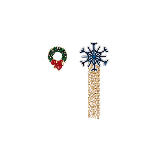 Blue Enamel and 18K Gold-Plated Bow Snowflake Tassel Brooch Set, gold brooch pin, elegant gift for her, front view