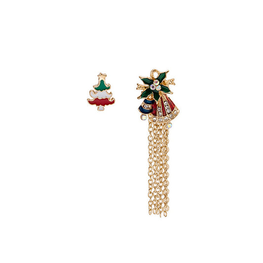 Green Enamel and Cubic Zirconia 18K Gold-Plated Christmas Tree Bell Tassel Brooch Set, gold brooch pin, front view