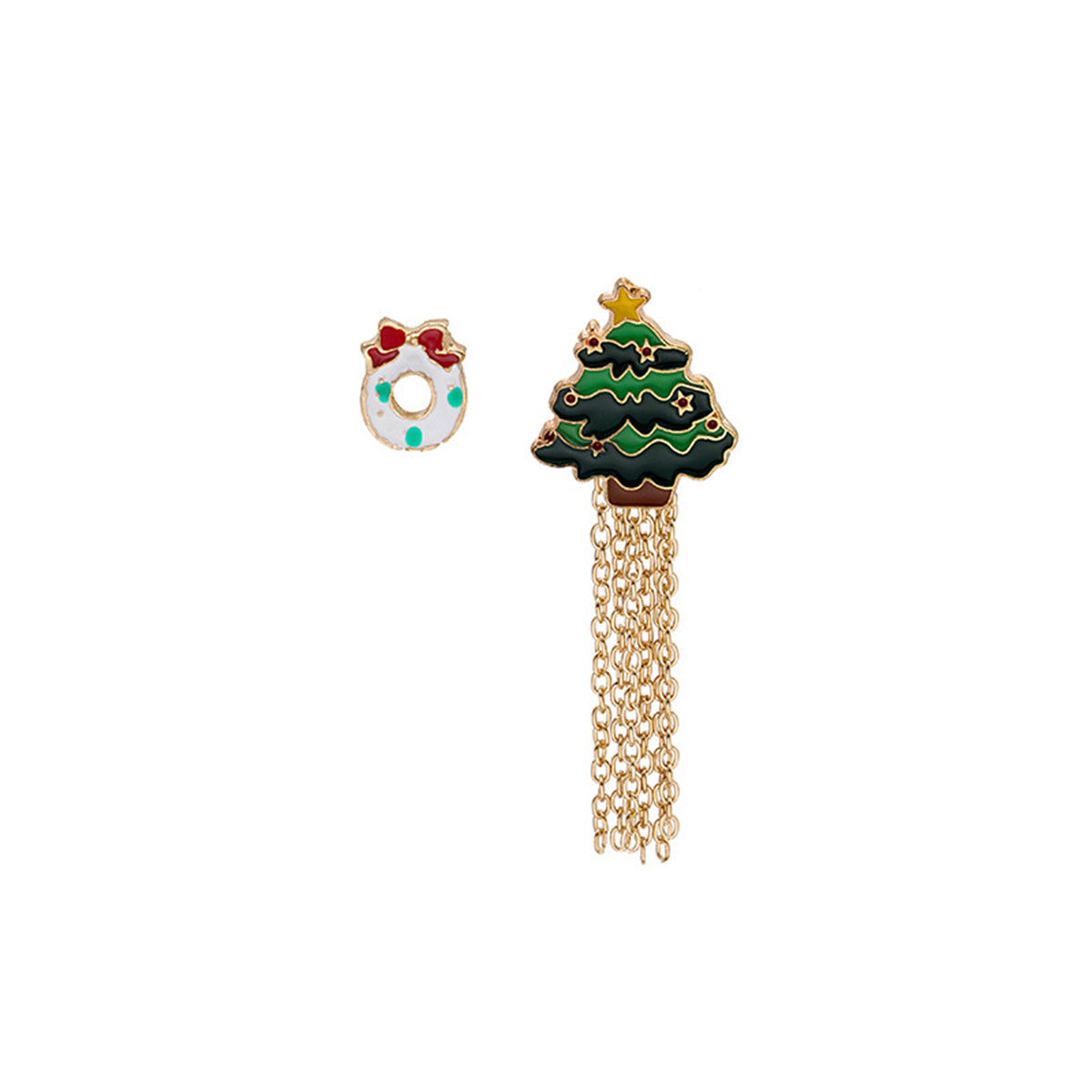Green Enamel and 18K Gold-Plated Bow Christmas Tree Tassel Brooch Set, gold brooch pin, vintage-inspired design, front view