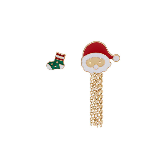 Red Enamel and 18K Gold-Plated Stocking Santa Tassel Brooch Set, gold brooch pin, botanical inspired, front view