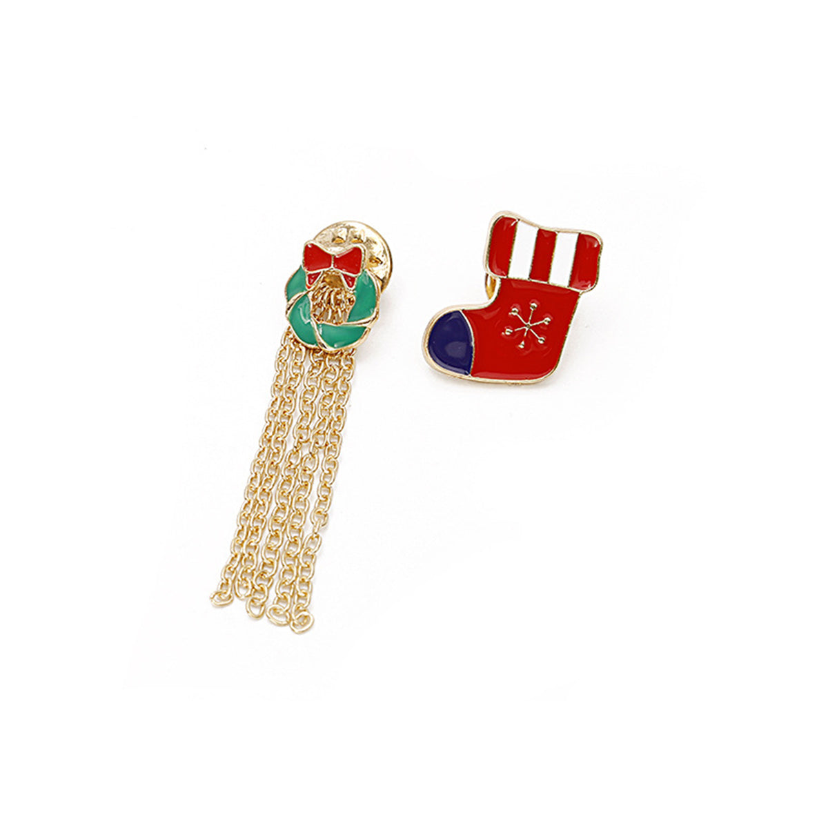 Red Enamel and 18K Gold-Plated Stocking Bow Tassel Brooch Set, gold brooch pin, elegant gift for her, front view