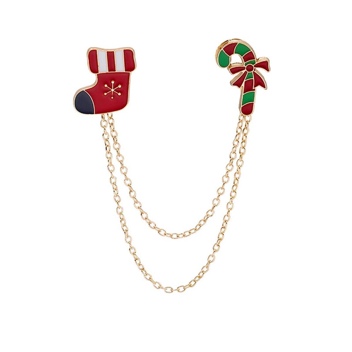 Red Enamel and 18K Gold-Plated Stocking Candy Cane Chain Brooch, gold brooch pin, vintage-inspired design, front view