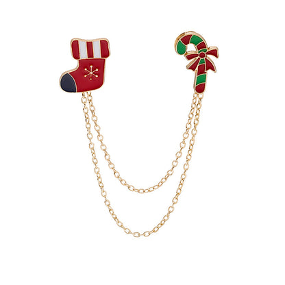 Red Enamel and 18K Gold-Plated Stocking Candy Cane Chain Brooch, gold brooch pin, vintage-inspired design, front view