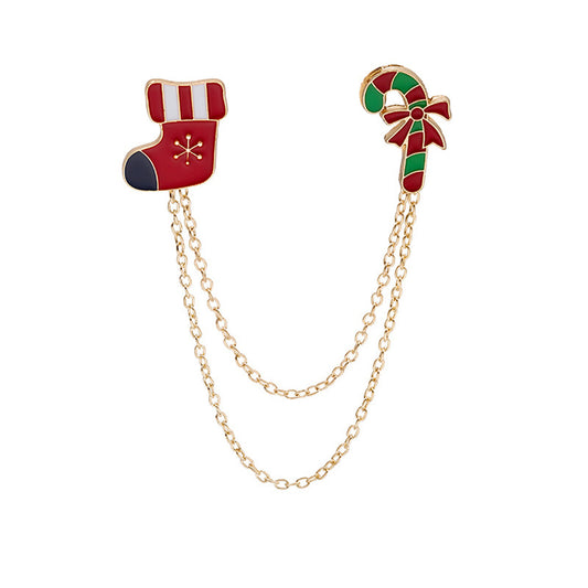 Red Enamel and 18K Gold-Plated Stocking Candy Cane Chain Brooch, gold brooch pin, vintage-inspired design, front view