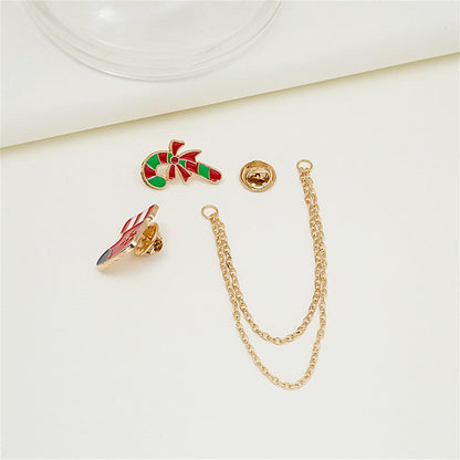 Red Enamel and 18K Gold-Plated Stocking Candy Cane Chain Brooch, gold brooch pin, vintage-inspired design, side view
