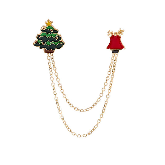 Green Enamel and 18K Gold-Plated Holiday Tree Bell Crutch Chain Brooch, gold brooch pin, vintage-inspired design, front view