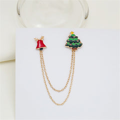 Green Enamel & 18K Gold-Plated Holiday Tree Bell Crutch Chain Brooch