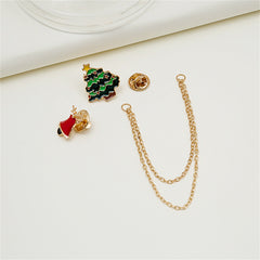 Green Enamel & 18K Gold-Plated Holiday Tree Bell Crutch Chain Brooch