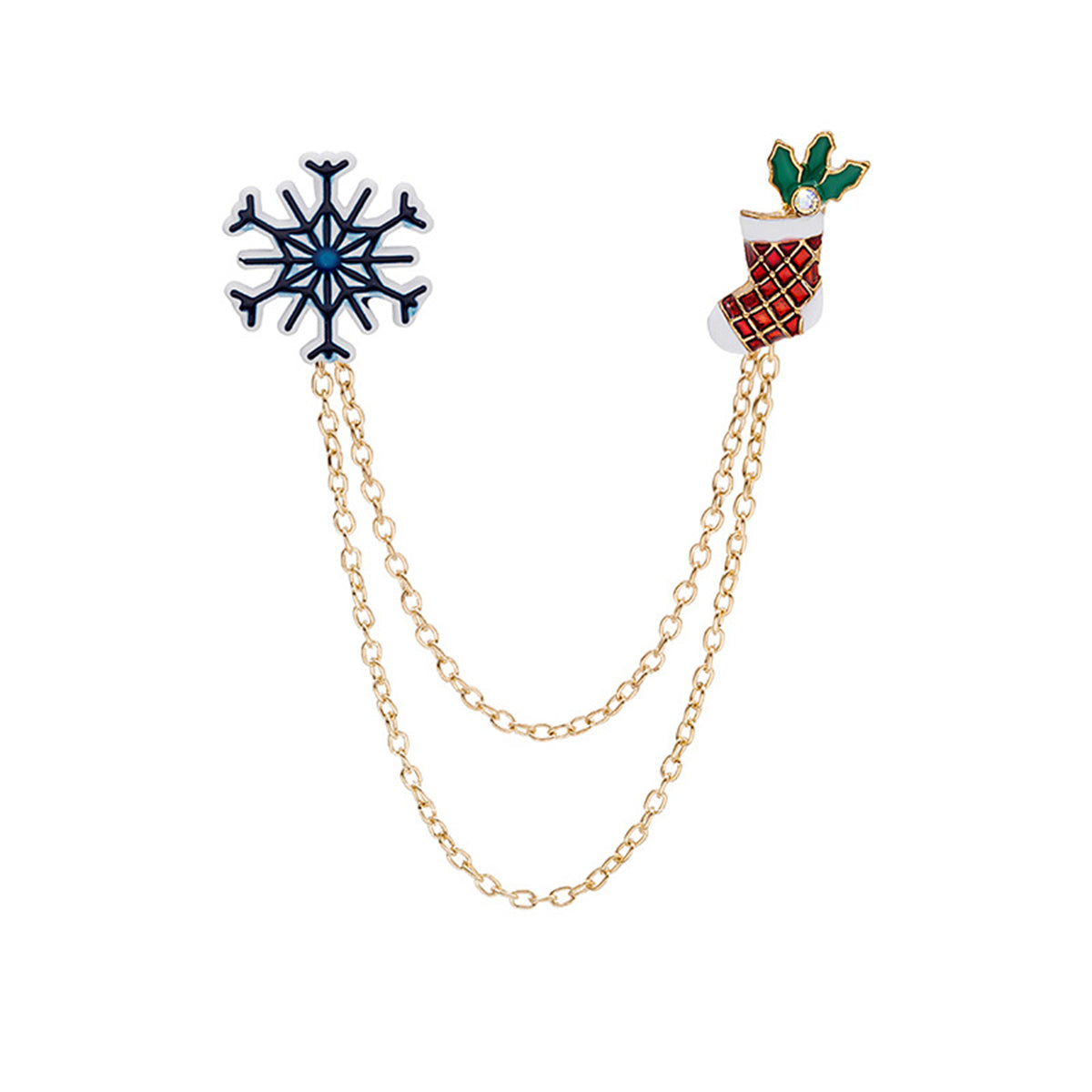 Cubic Zirconia and Blue Snowflake Stocking Chain Brooch, brooch pin, elegant gift for her, front view