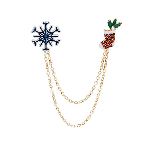 Cubic Zirconia and Blue Snowflake Stocking Chain Brooch, brooch pin, elegant gift for her, front view