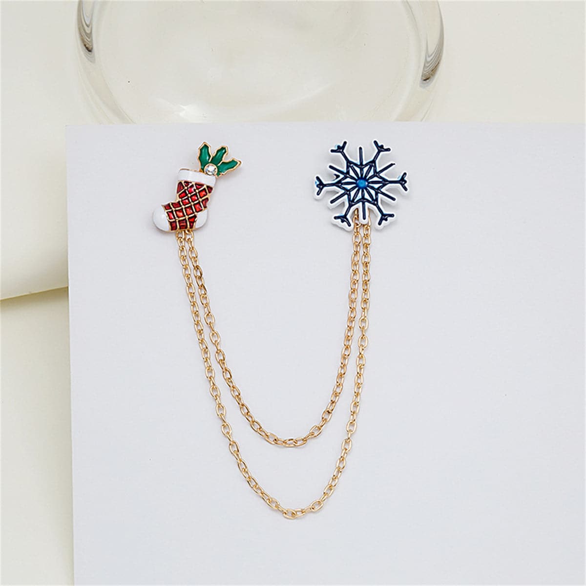 Cubic Zirconia & Blue Snowflake Stocking Chain Brooch