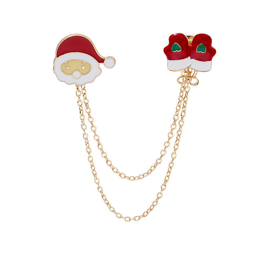 Red Enamel and 18K Gold-Plated Santa and Mitten Chain Brooch, gold brooch pin, elegant gift for her, front view